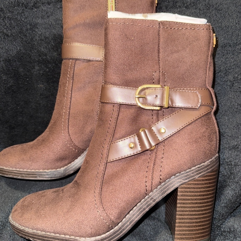 Tommy Hilfiger Brown Suede Heeled Boots with Gold Buckle